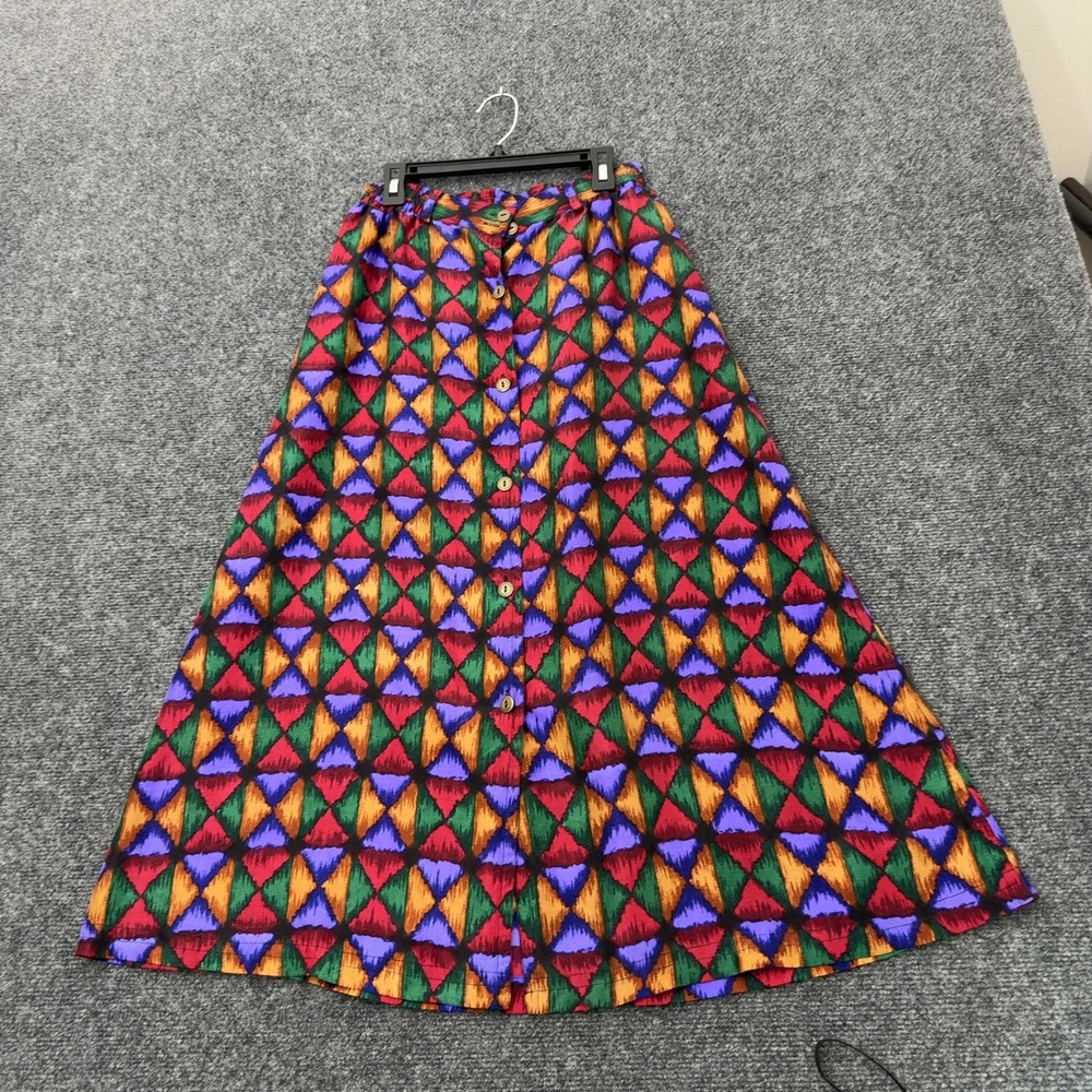 Vintage August Silk Skirt Womens S Multicolor Silk Geometric Button Front Boho